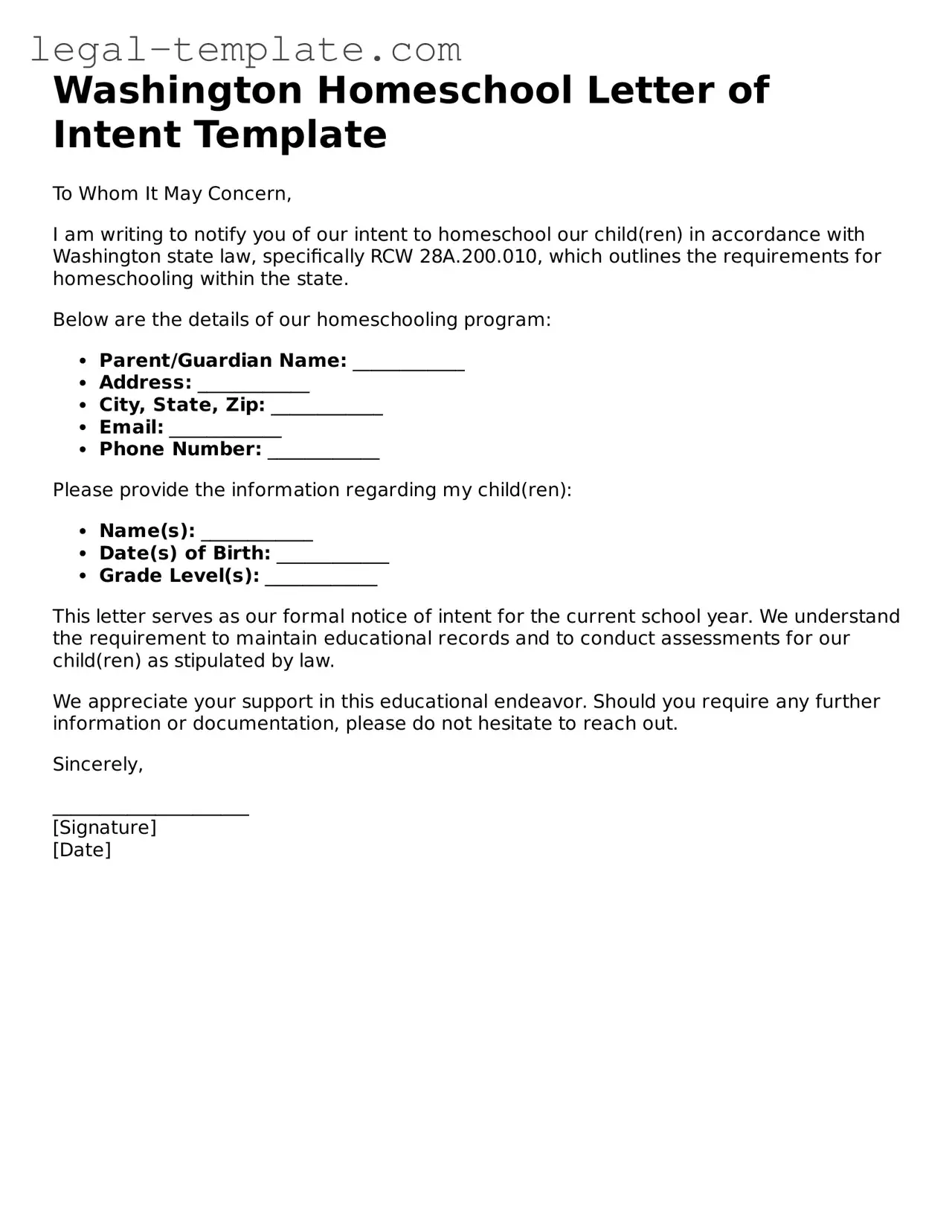 Homeschool Letter of Intent Form for Washington State
