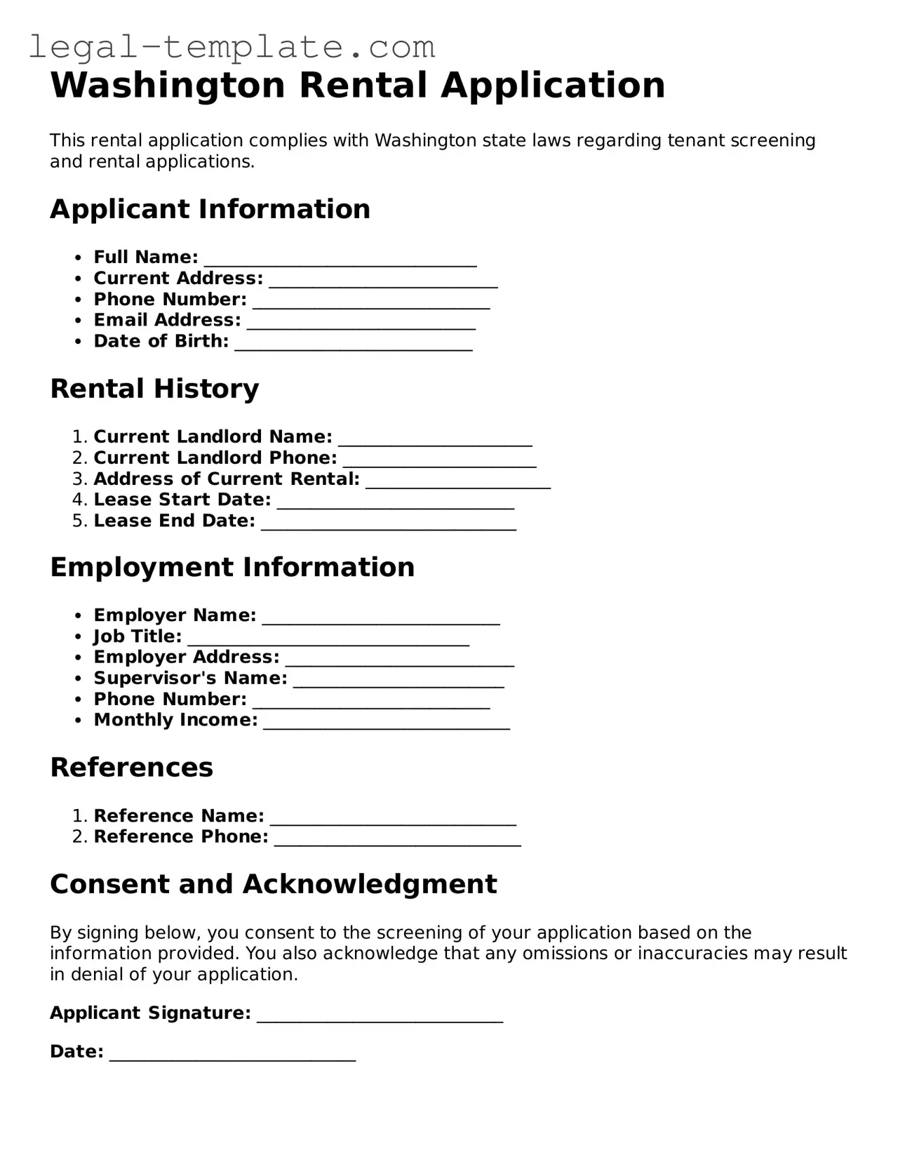 Rental Application Form for Washington State