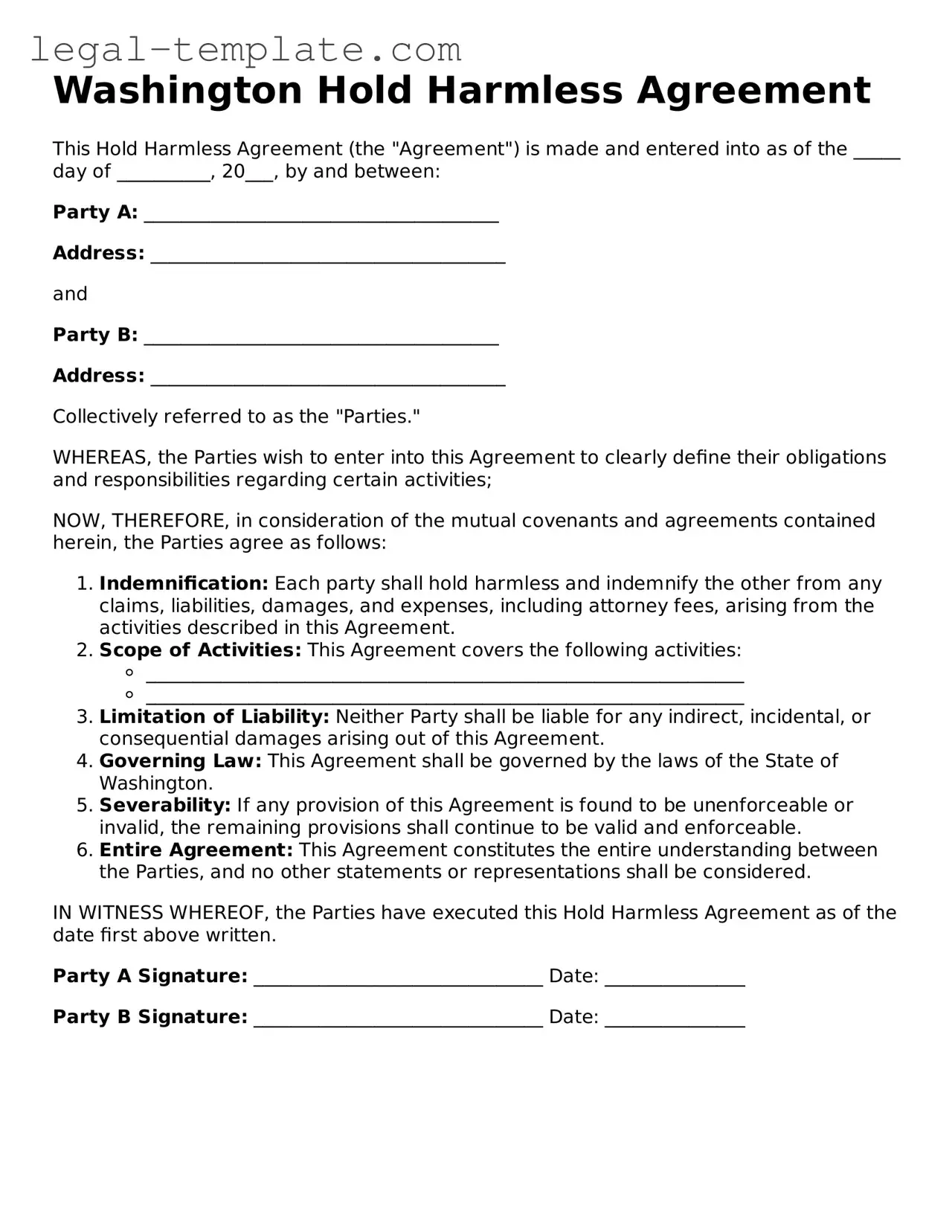 Hold Harmless Agreement Form for Washington State
