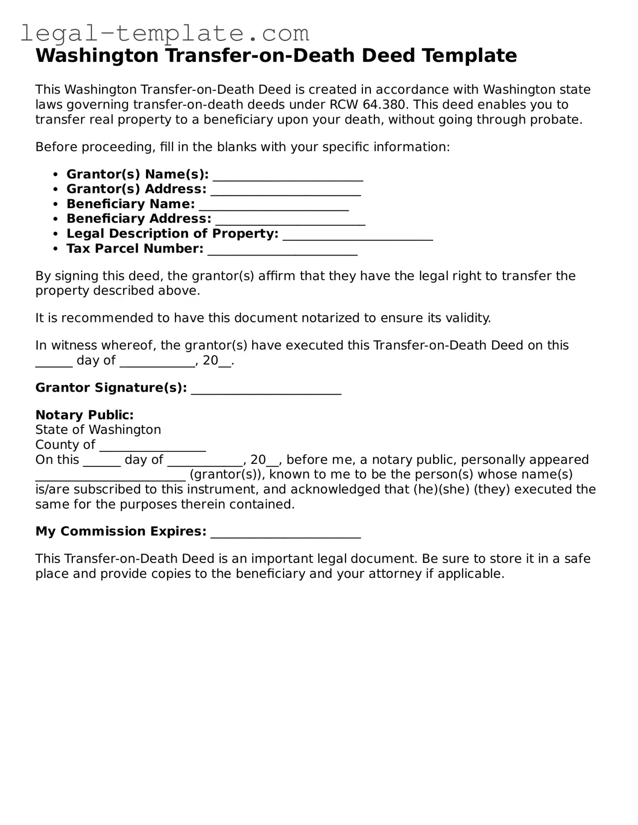 Transfer-on-Death Deed Form for Washington State