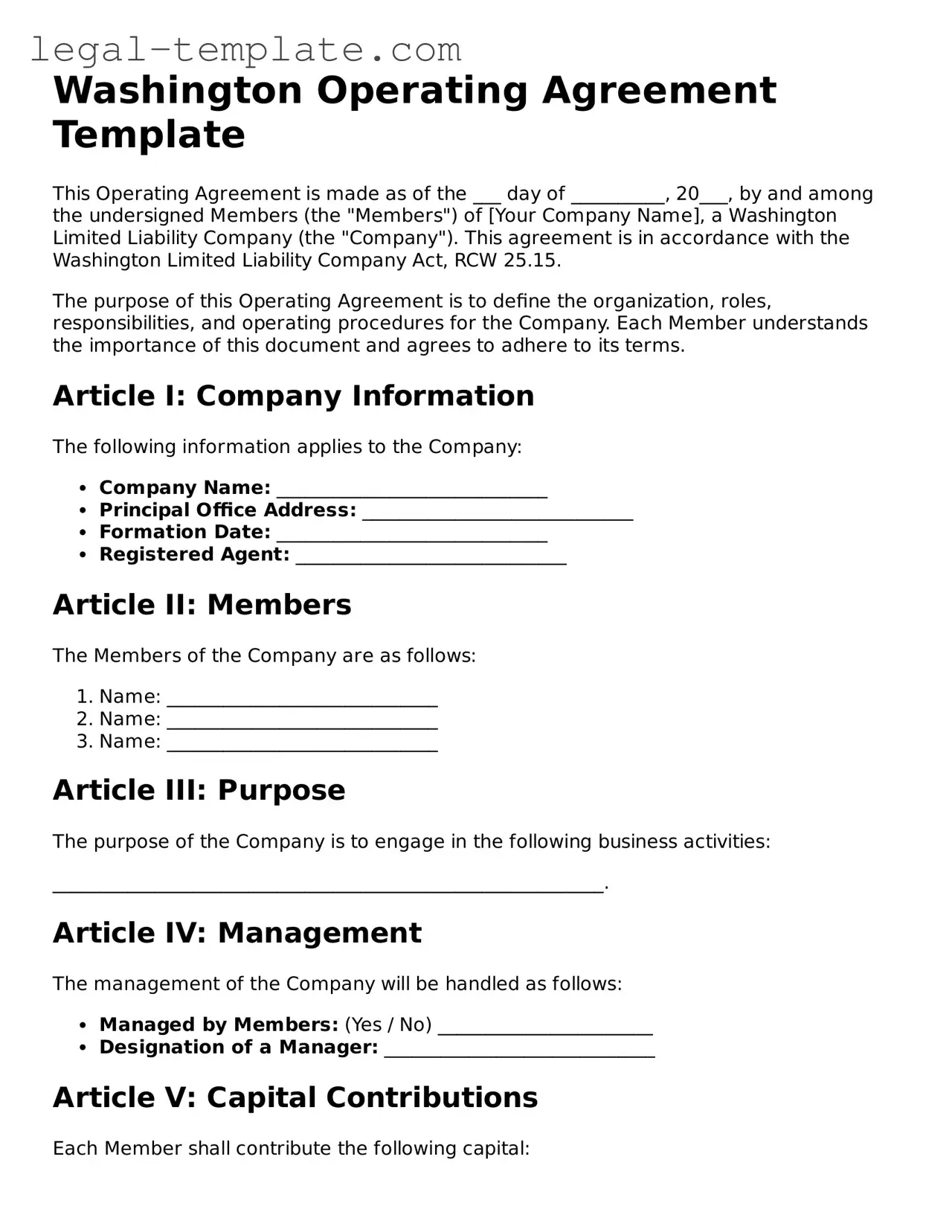 Operating Agreement Form for Washington State