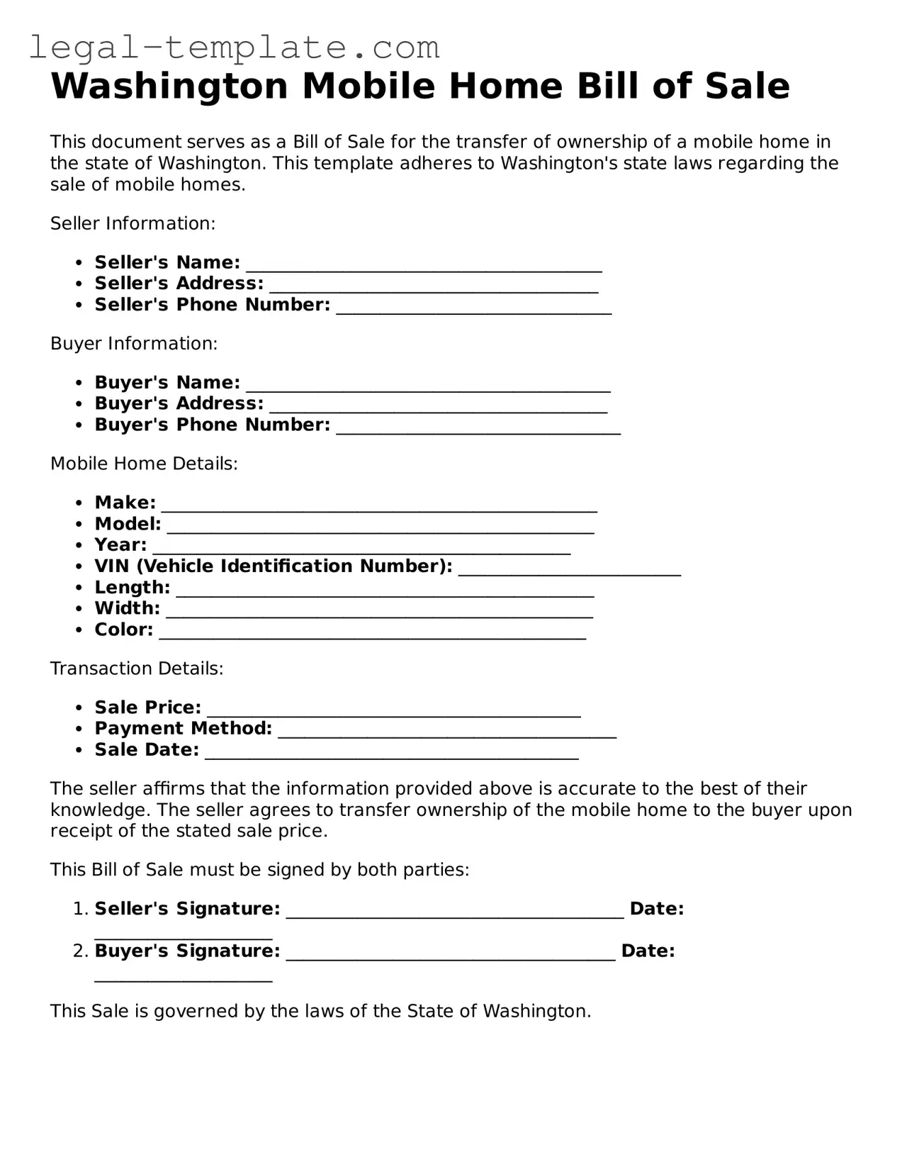 Mobile Home Bill of Sale Form for Washington State