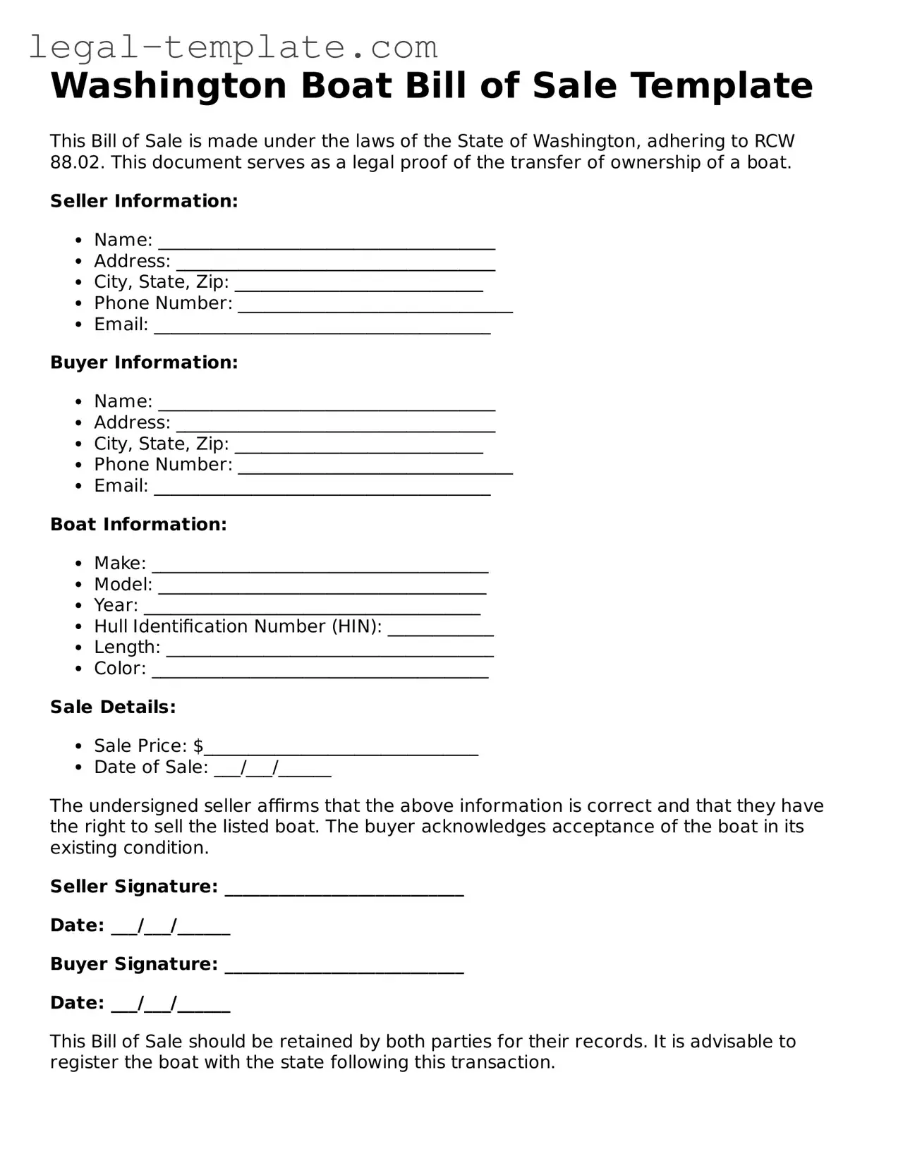 Boat Bill of Sale Form for Washington State