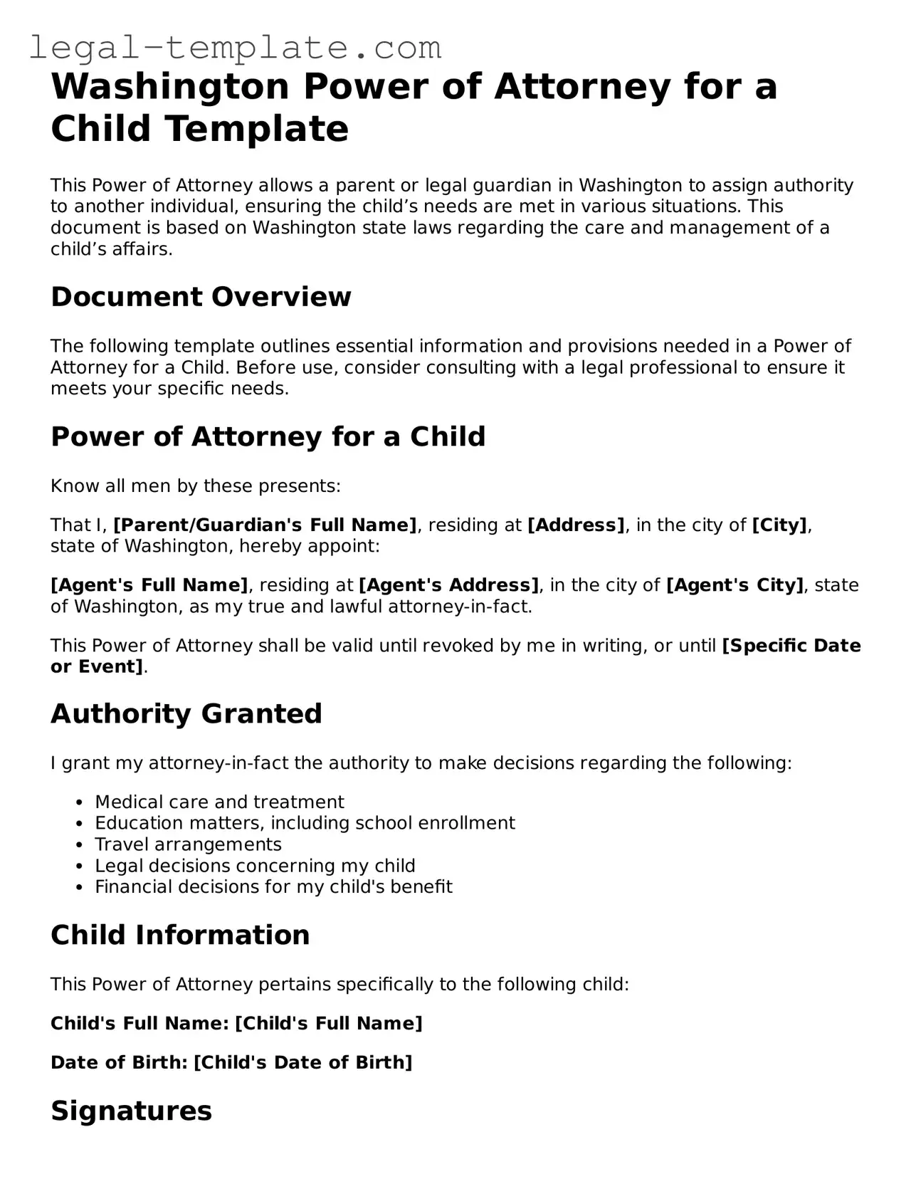 Power of Attorney for a Child Form for Washington State
