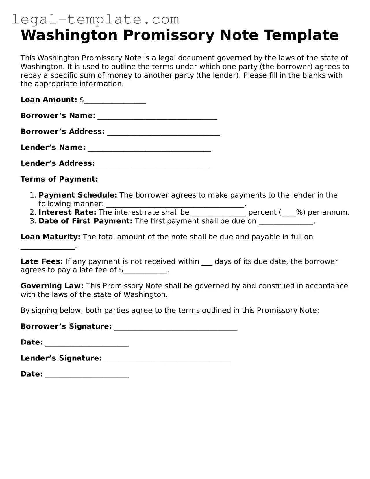 Promissory Note Form for Washington State