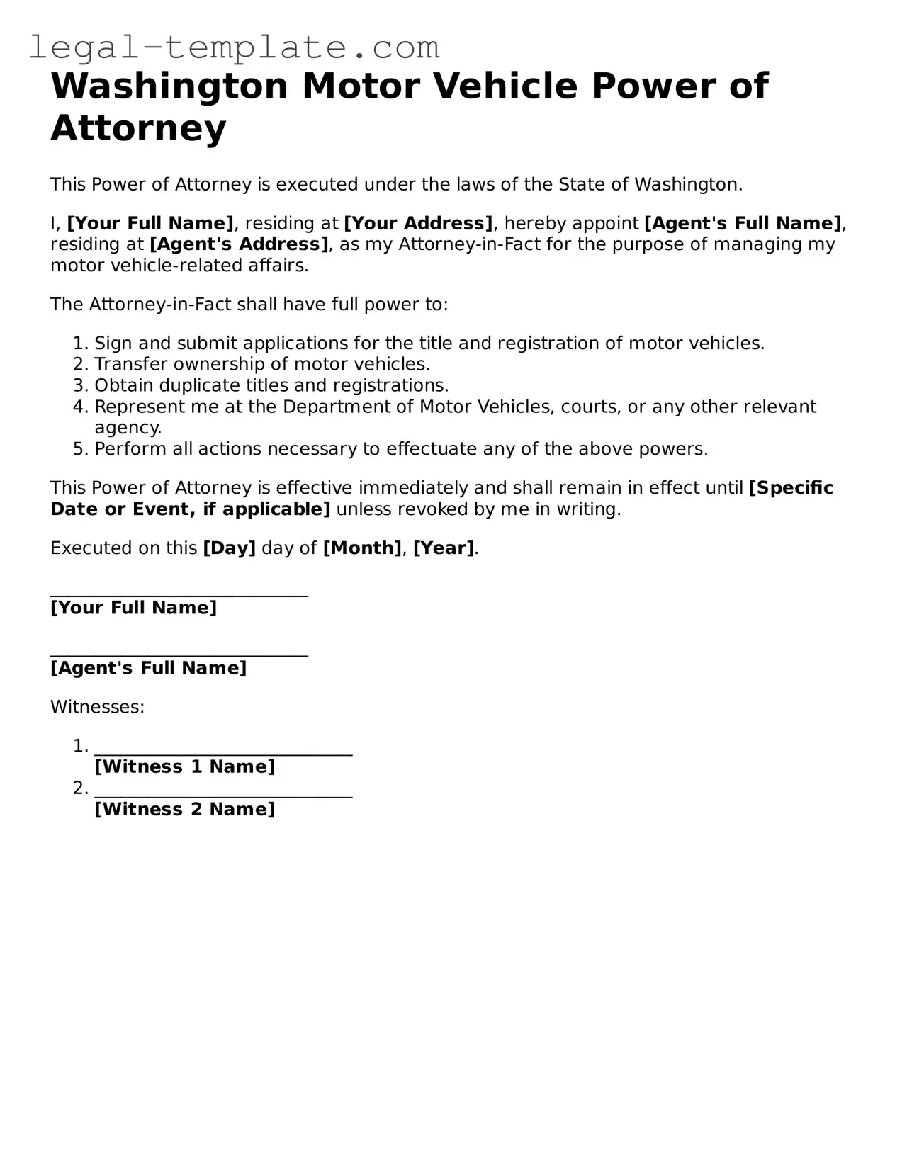 Motor Vehicle Power of Attorney Form for Washington State