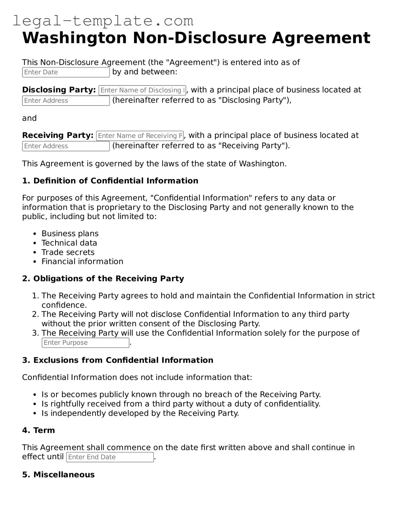 Non-disclosure Agreement Form for Washington State