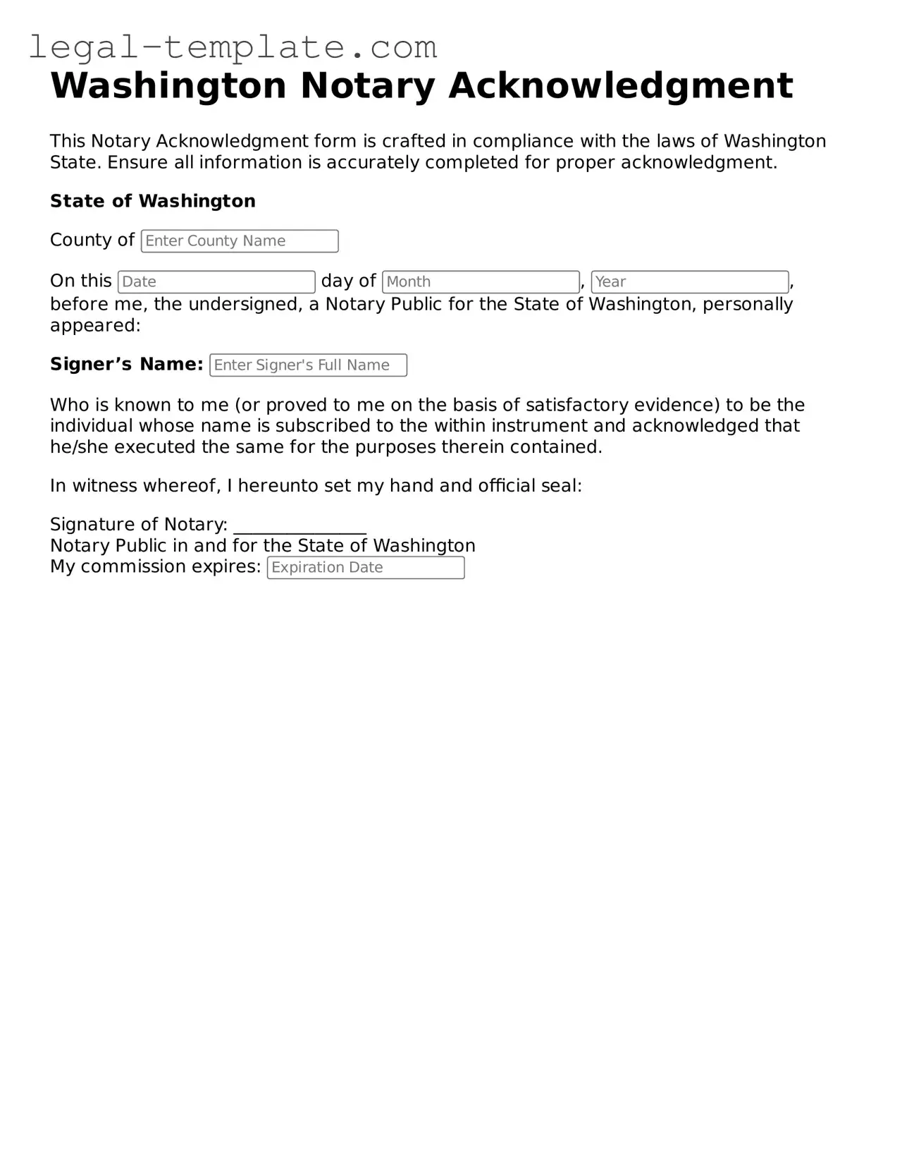 Notary Acknowledgement Form for Washington State