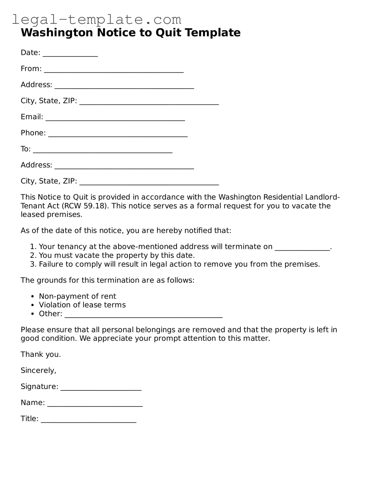 Notice to Quit Form for Washington State