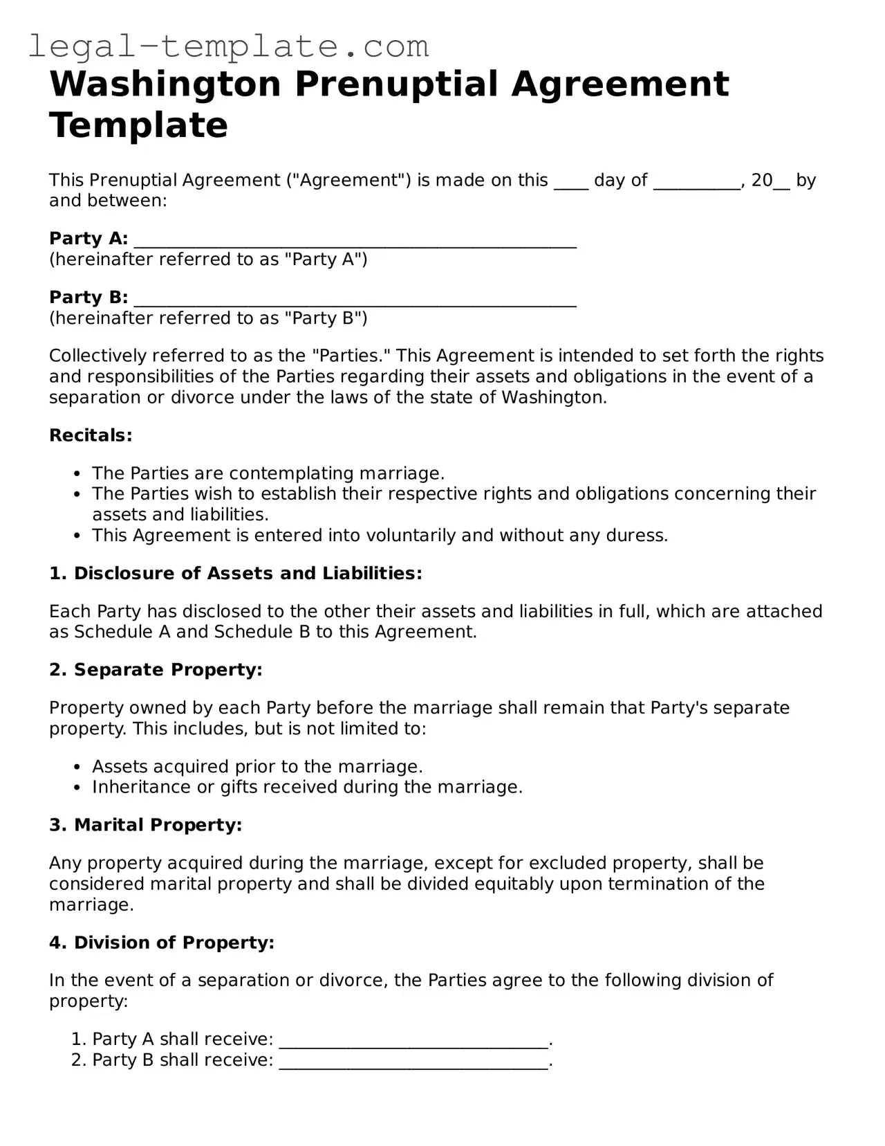 Prenuptial Agreement Form for Washington State