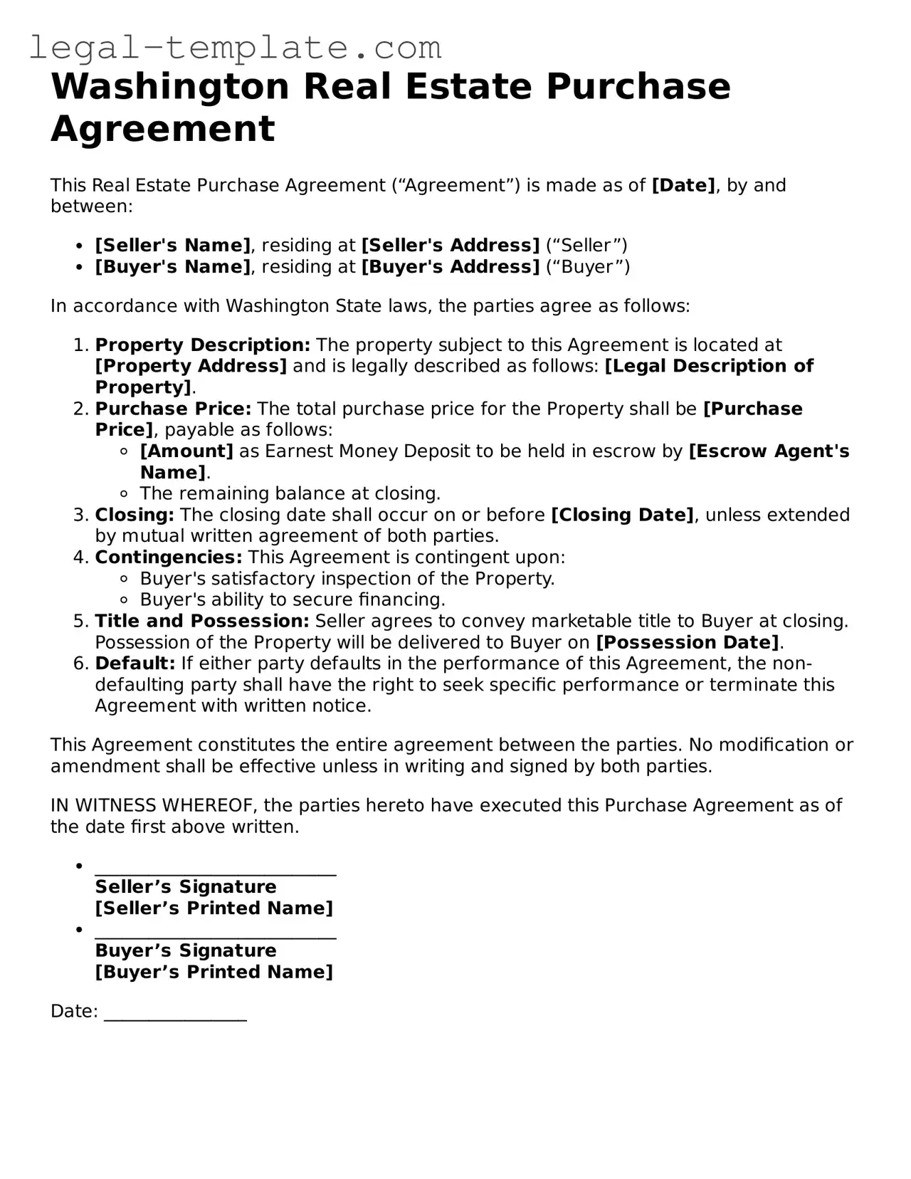 Real Estate Purchase Agreement Form for Washington State
