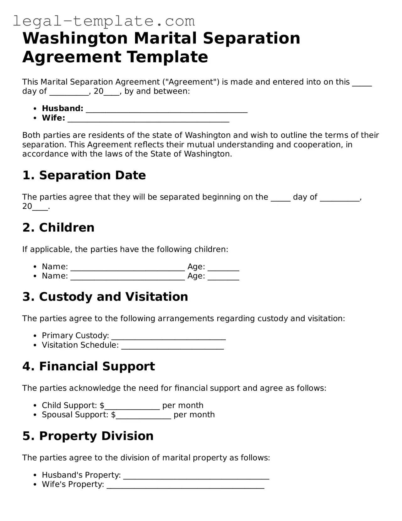 Marital Separation Agreement Form for Washington State