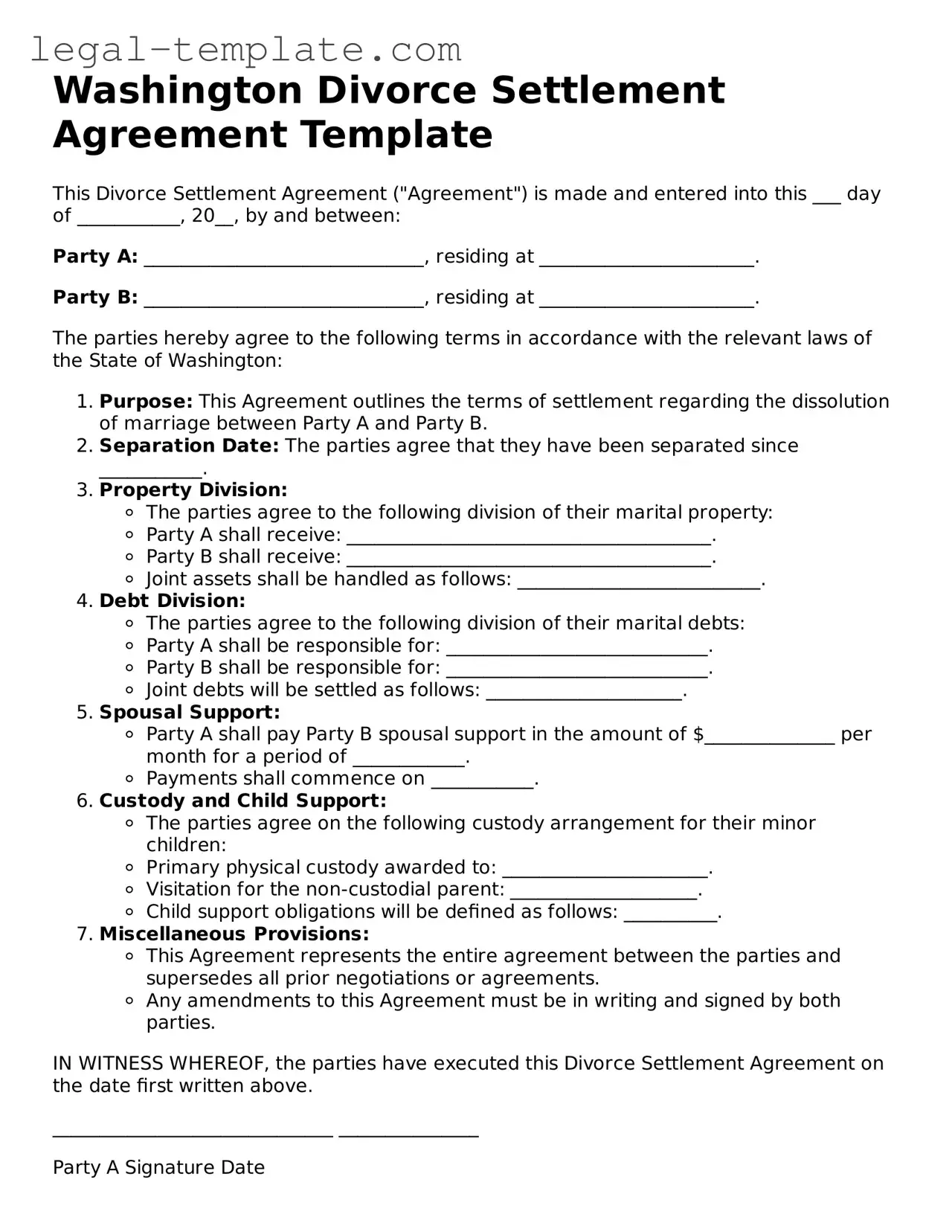 Divorce Settlement Agreement Form for Washington State