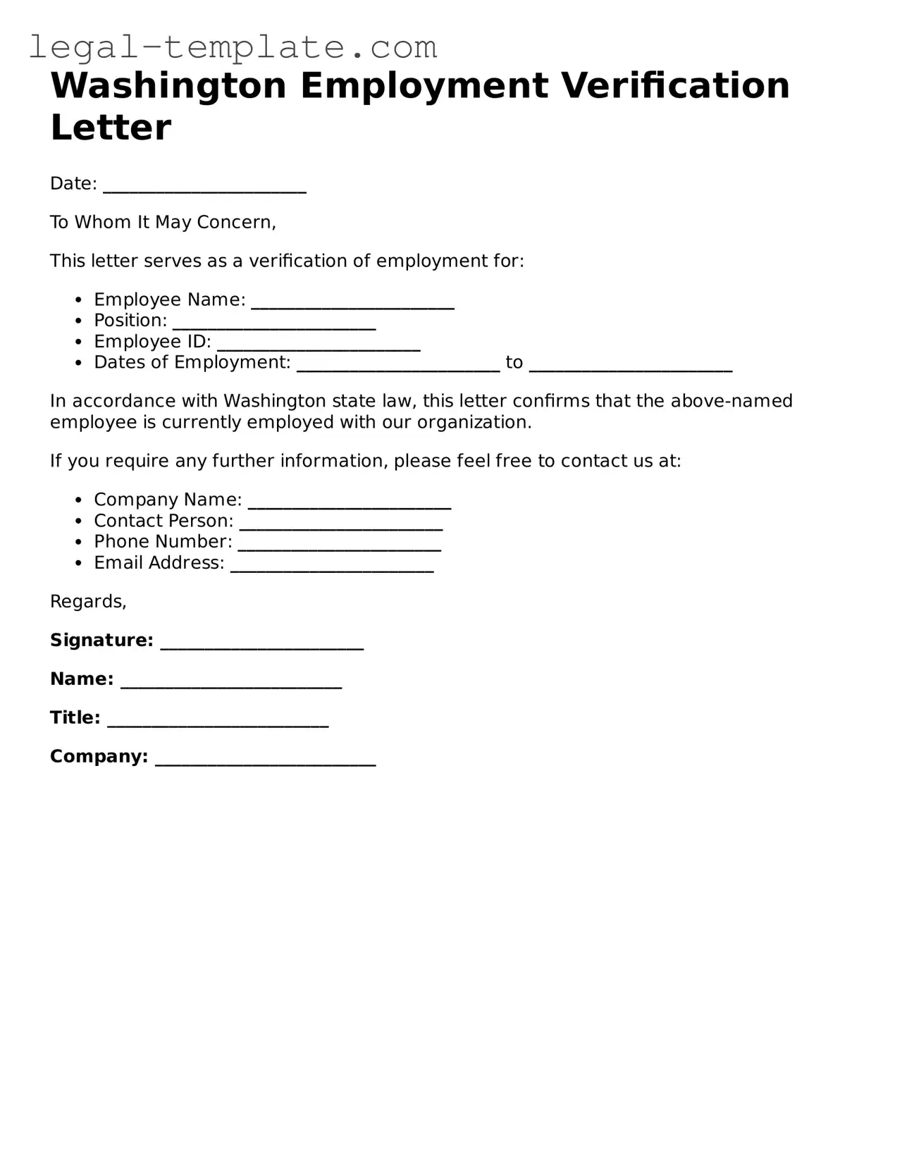 Employment Verification Form for Washington State