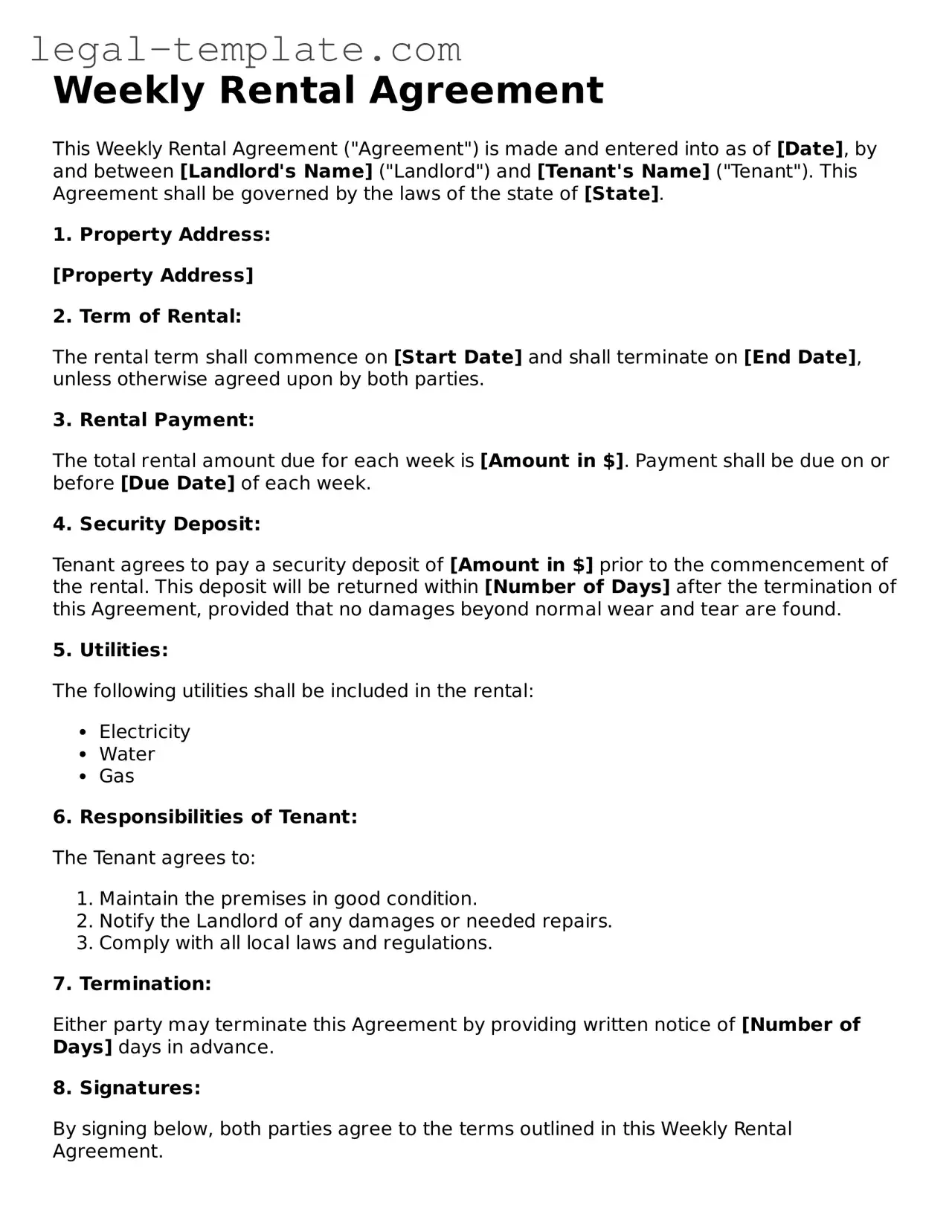 Printable Weekly Rental Agreement Template