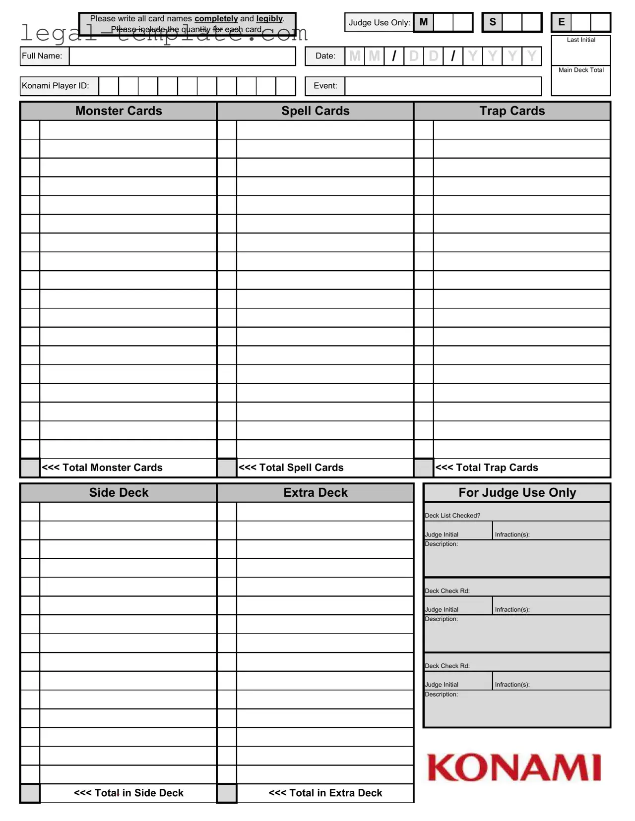 Free Konami Decklist Template in PDF